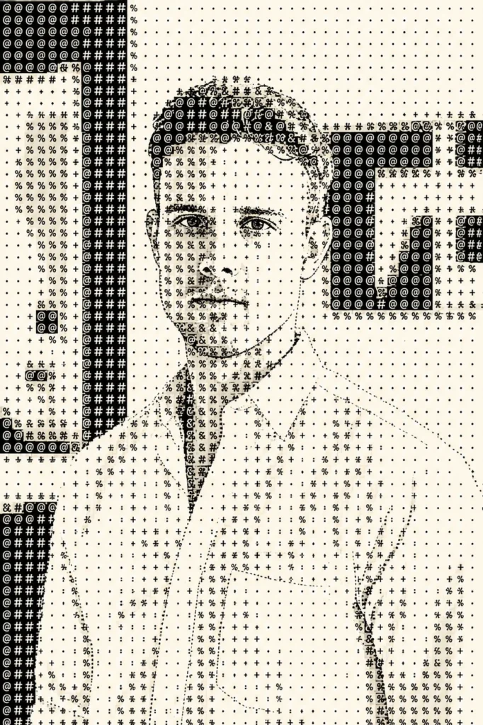 Retrato editorial monocromo de Anton Berzins construido con caracteres ASCII de gran escala.