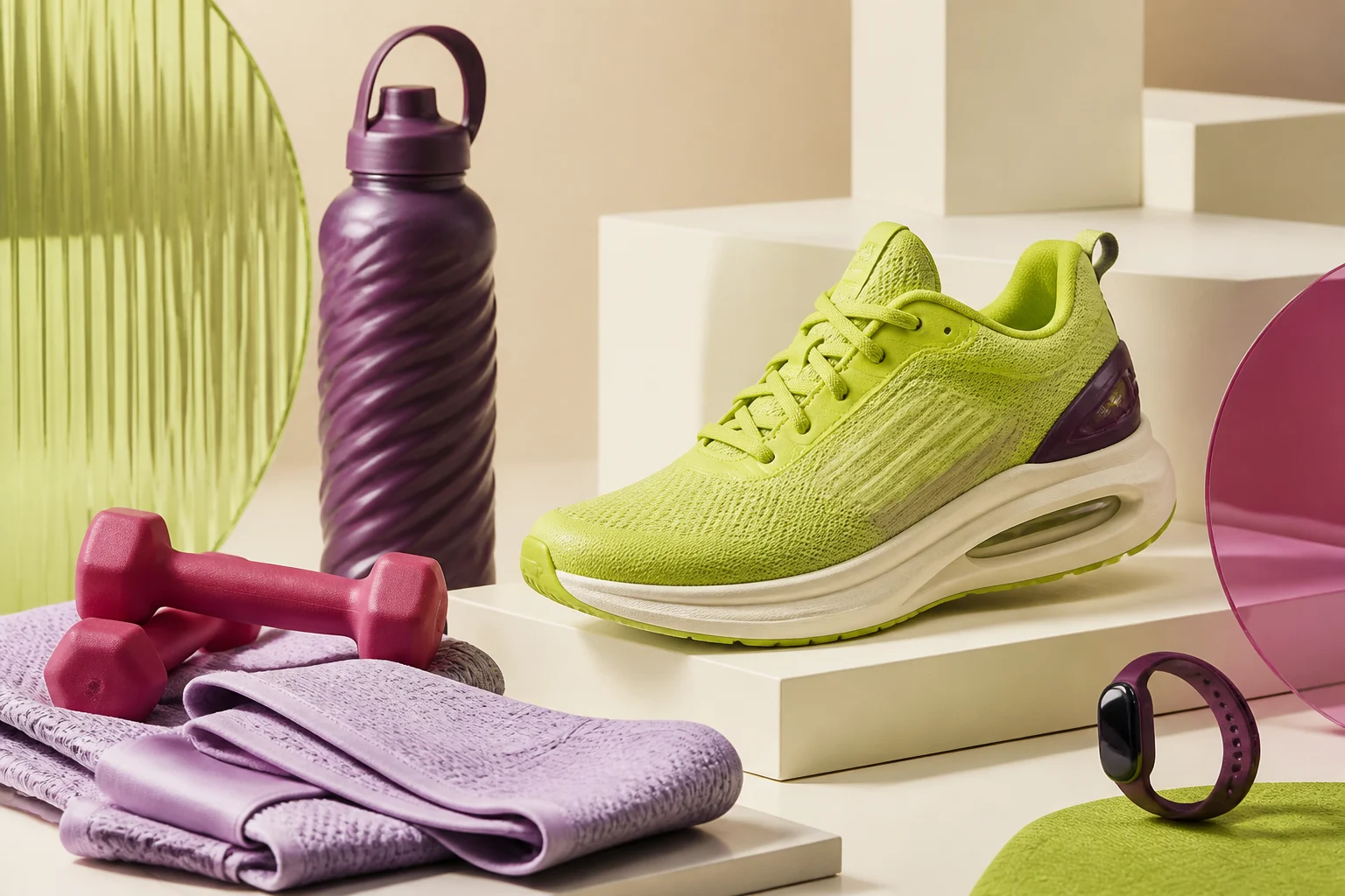 Composición de productos deportivos en lima, lavanda, frambuesa y crema