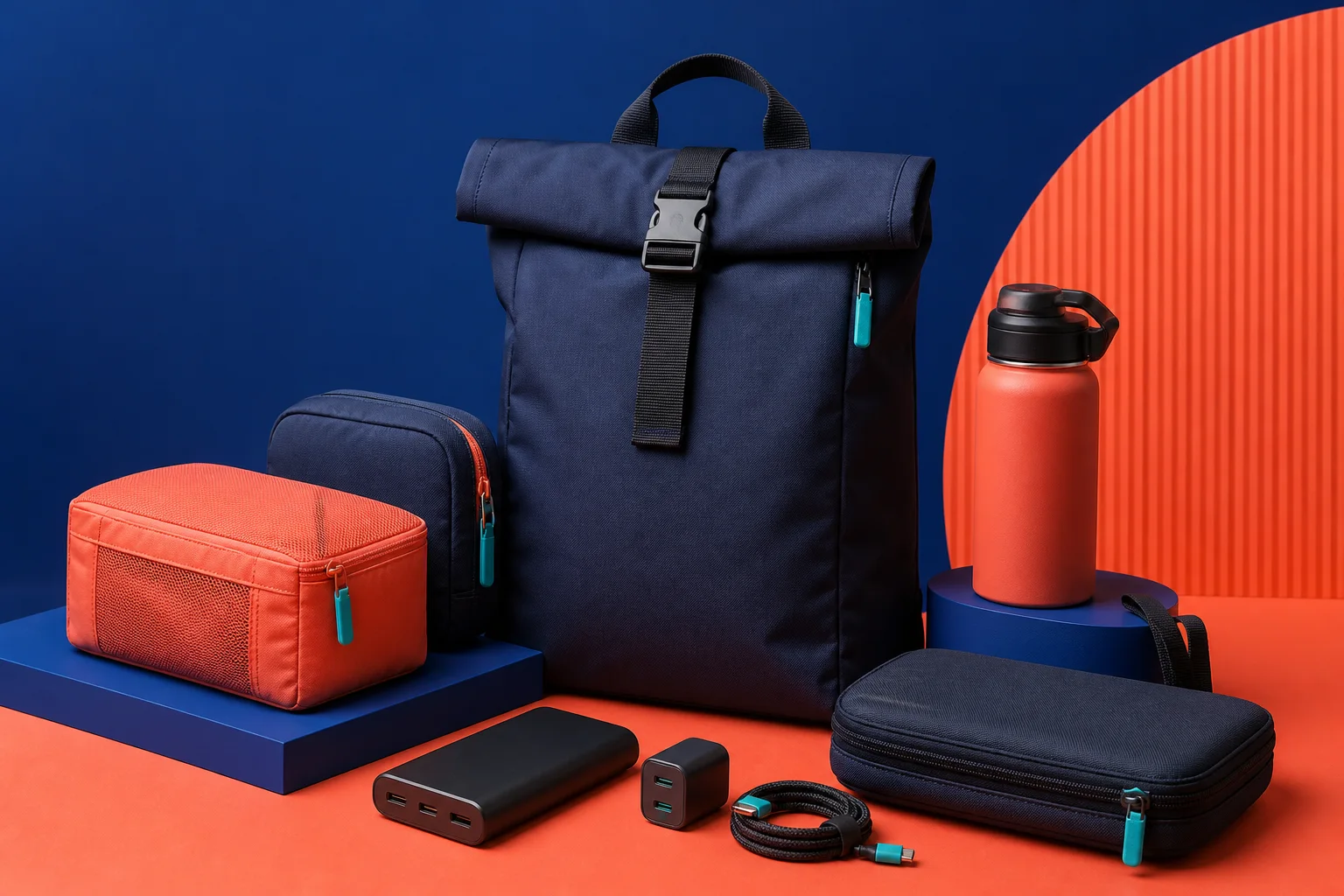 Composición de productos tecnológicos y accesorios de viaje en azul y vermilion