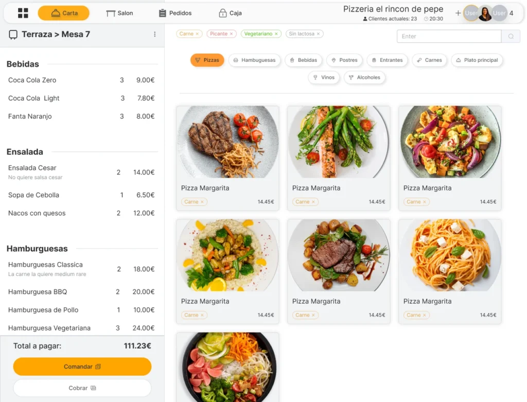Interfaz de Ofasty adaptada a escritorio con carta, salón, pedidos y caja.