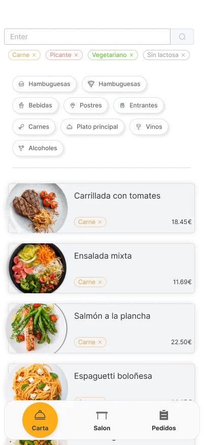 Interfaz móvil de Ofasty para gestionar la carta y los pedidos.
