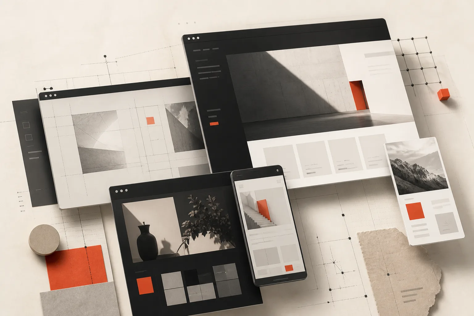 Composición editorial de interfaces web responsive sobre una retícula cálida