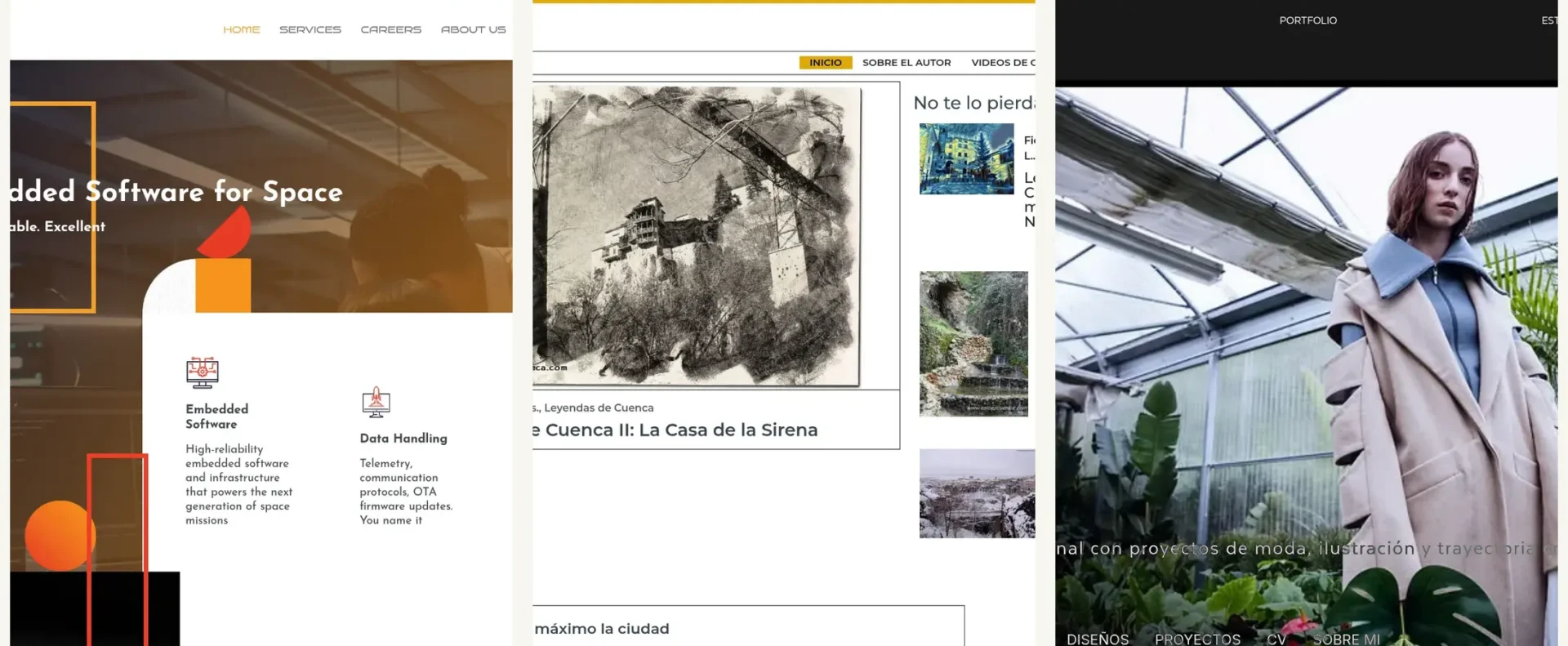 Tres proyectos web seleccionados en una composición editorial
